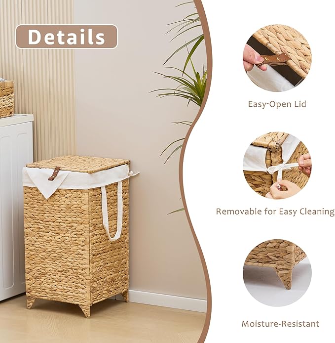 Handwoven Laundry Hamper with Lid, Natural Hyacinth Heightened Feet Laundry Basket, Wicker Clothes Hamper with Removable Liner Bag (Natural-A, 65L)