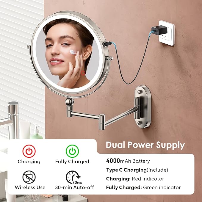 ZLOKLA 9" Wall Mounted Lighted Makeup Mirror,4000mAh Rechargeable Double Sided 1X/30X Magnifying Mirror with Light,Touch Dimmable,Extended Arm 360 Rotation Wall Mounted Makeup Mirror 3 Color Lights-N