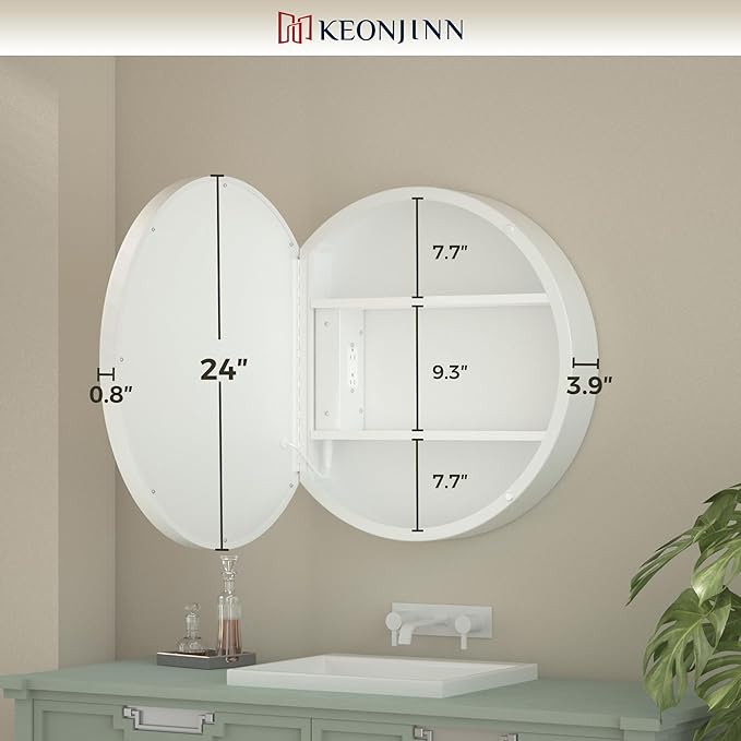 Keonjinn Round LED Medicine Cabinet 24 Inch, White Lighted Medicine Cabinet for Bathroom with Mirror, Circle, Electrical Outlet, 3 Color Lights, Anti-Fog, Dimmable, Surface Mount Only