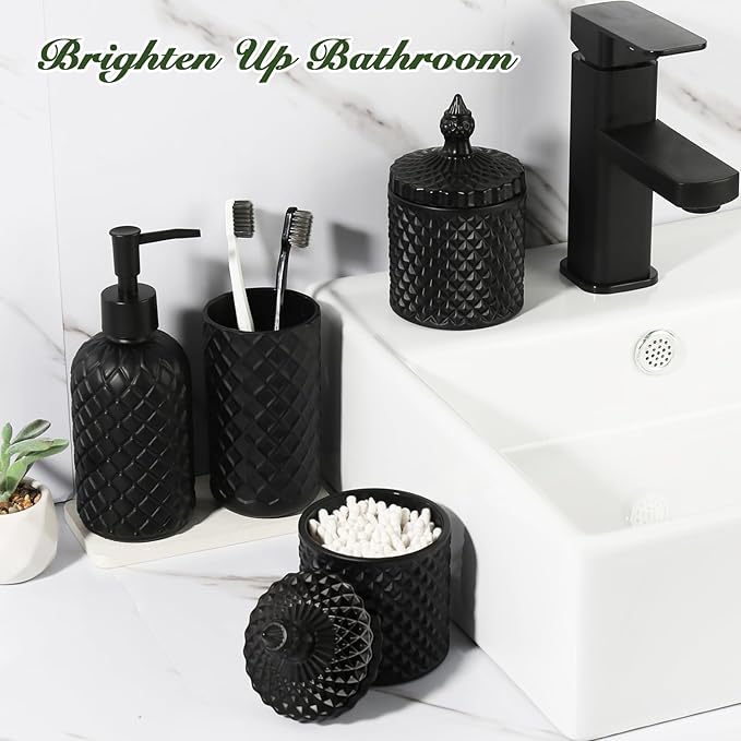 RYTOXILO Matte Black Bathroom Accessories Set, 4 Pack Black Bath Accessory Sets Complete, Diamond Glass Soap Dispenser and Toothbrush Holder Set for Countertop, Gothic Decor Organizer Essentials
