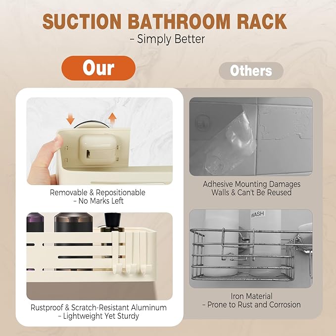 Lekesky Suction Cup Shower Caddy, No Drill Shower Shelf, Aluminum Rust Proof Bathroom Shower Organizer with 12 Hooks, （2-Pack, Cream）