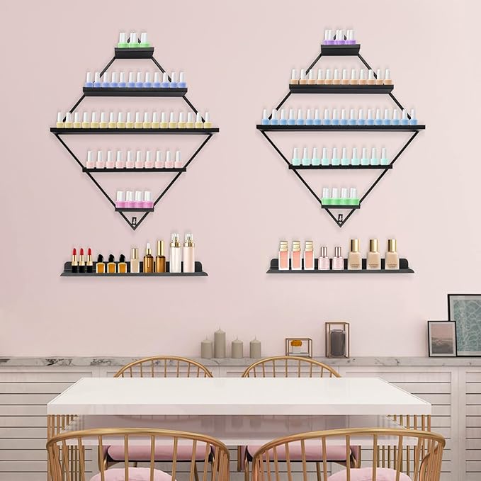 Wall-Mounted Nail Polish Rack, Set of 4 Rhombus Black Nail Polish Shelf Lipstick Perfume Cosmetic Display Shelf for Home Spa Nail Salon Shop