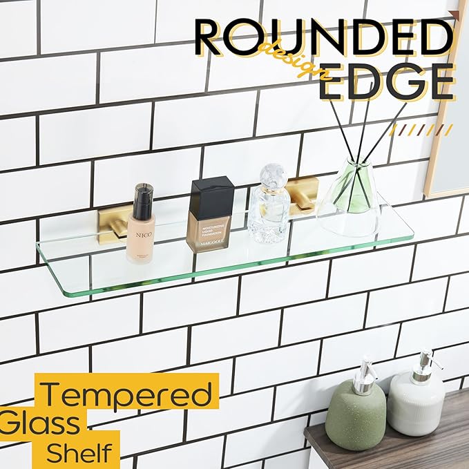 KOKOSIRI Wall Shelves 20-Inch Floating Tempered Glass Shelf Bathroom Hardware Kitchen Hanging Rack Shower Storage, Brushed Gold Stainless Steel B1107BG-L20