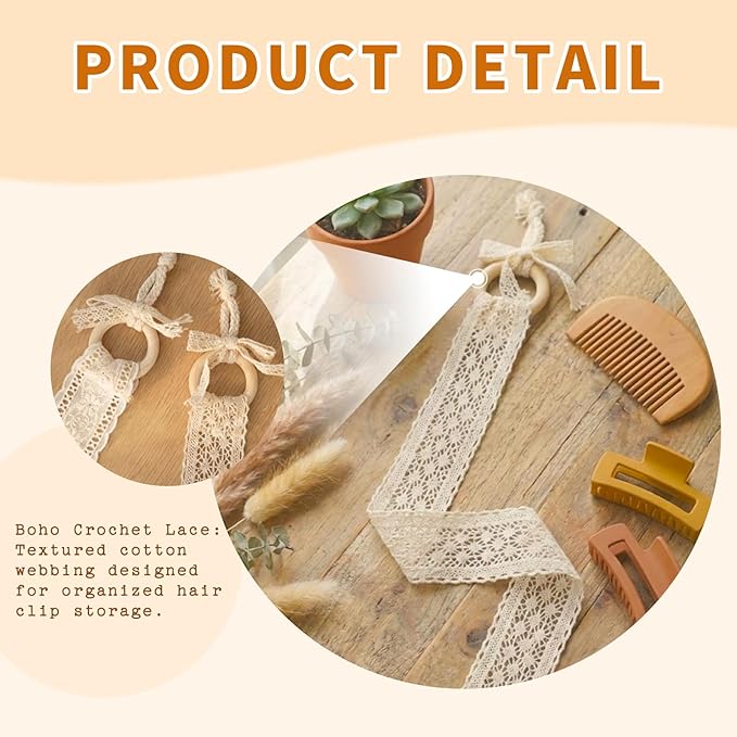 Hair Clip Storage Organizer 2 Pack, Boho Lace Hanging Hair Clip Holder for Wall & Vanity, Aesthetic Claw Clip Display for Bedroom Closet, Bathroom