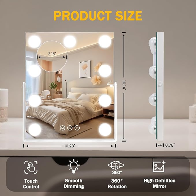 Rechargeable Vanity Mirror with Lights, 16"×10" Hollywood Makeup Mirror with 9 Dimmable Bulbs, 3000mAH Battery, 3-Color Lighting, Dimmable, 10x Magnification, Desk Mirror, Dorm Room Essentials (White)