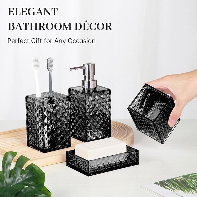 Bathroom Accessory Set, Grid Pattern 4 Pcs Plastic Bathroom Set Include Soap Dispenser, Soap Dish, Toothbrush Holder, Mousewash Cup, Modern Bahtroom D??cor Set, Space Save for Bathroom(Black)