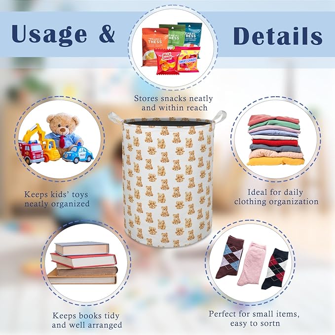 Bear Nursery Kids Laundry Basket Hamper, Cute Brown Little Bears Foldable Clothes Toys Books Storage Box Bins Baskets Organizer for Nursery Kids Room Bedroom Playroom