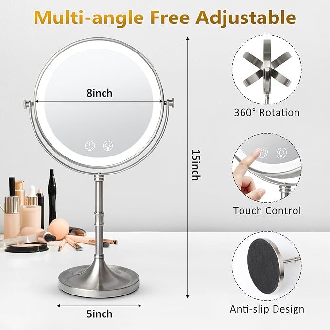 Vanity Mirror with Lights,4000mAh Rechargeable Double Sided Magnifying Mirror with 3 Colors Adjustable,1x/10x Lighted Makeup Mirror,360°Rotation Touch Screen with Memory Function,Nickel