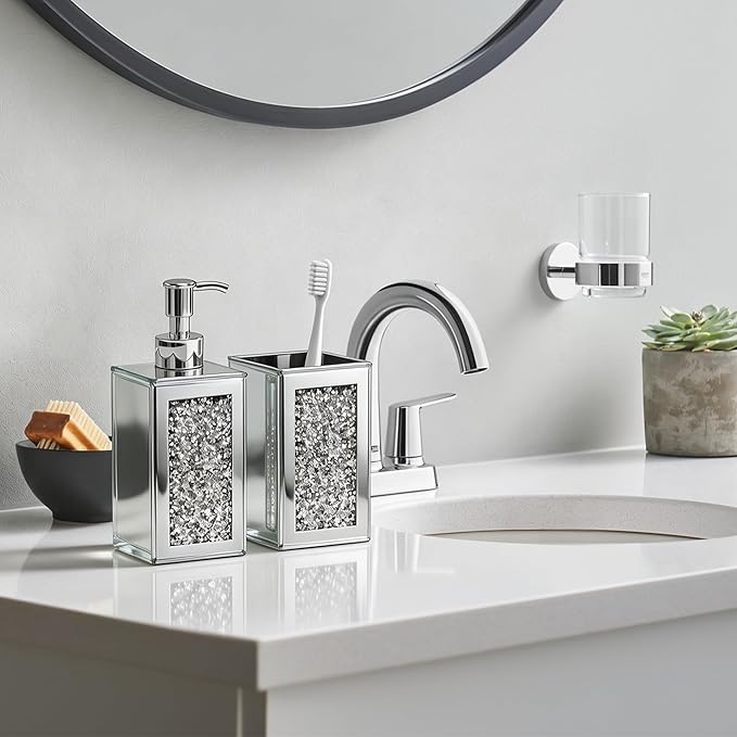 Bathroom Accessories Set, Square 2 Pack Silver Glass Soap Dispenser & Toothbrush Holder with Mirror Finish & Sparkling Diamond Accents, Modern Bathroom Countertop Decor