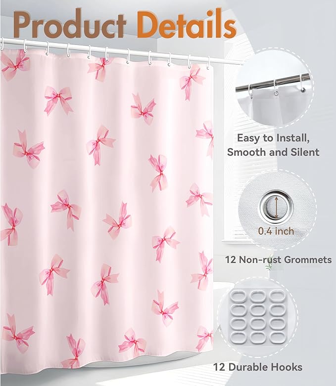 MAMUSE Shower Curtain for Bathroom - Cute Aesthetic Decorative Modern Girly Unique Girls Design Pretty Women Waterproof Fabric Cloth Cortinas de Baño Bathtub 72 x 72 Inch, Pink Bow
