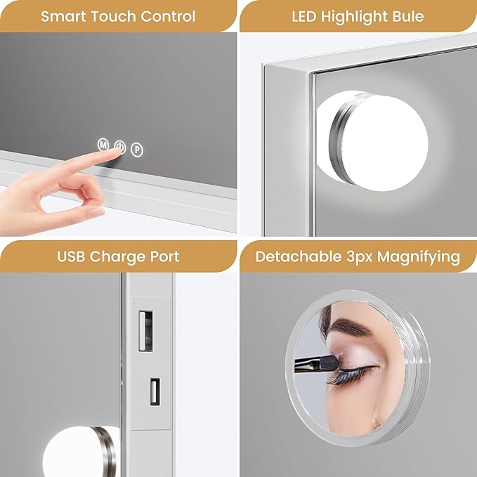 Vanity Mirror with Lights, 23" x 18" Makeup Mirror with Lights, Hollywood Lighted Vanity Mirrors with 15 Dimmable LED Bulbs, 3 Color Modes, Light up Mirror with Touch Control for Bedroom, Tabletop