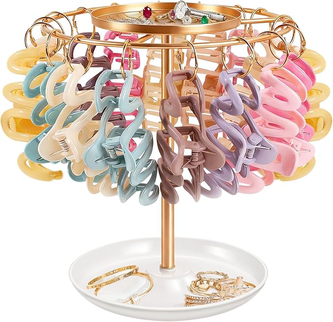 SNOWSTAR Claw Clip Organizer,Hair Clip Holder Stand with Tray, Hair Clip Storage Display Rack with 20 Golden Rings, Organizer Room Decor for Women and Girls