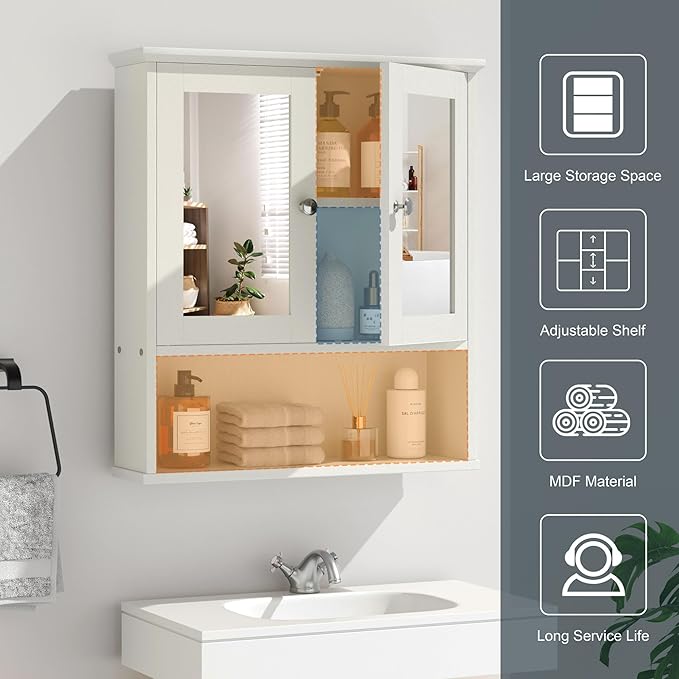 DL-win Medicine Cabinets with Mirror, Wall Mounted Bathroom Cabinet with Adjustable Shelves, White Storage Organizer for Toiletries, Towels & Daily Essentials