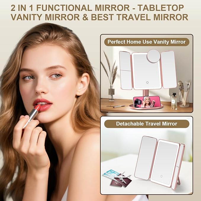 Mocado Makeup Mirror with Lights, 20X/7X/3X Magnifying Mirror with Light, Rechargeable & Height Adjustable Lighted Makeup Mirror, Vanity Mirror with 3 Colors Lights, Detachable Design(Rose Gold)