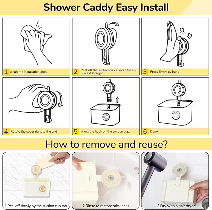 Suction Cup Shower Caddy, Plastic Shower Shelf with Drainage Bin, Vacuum-Lock Shower Organizer for Bathroom, Kitchen, RV, Hotel Storage (Original wood color-S)