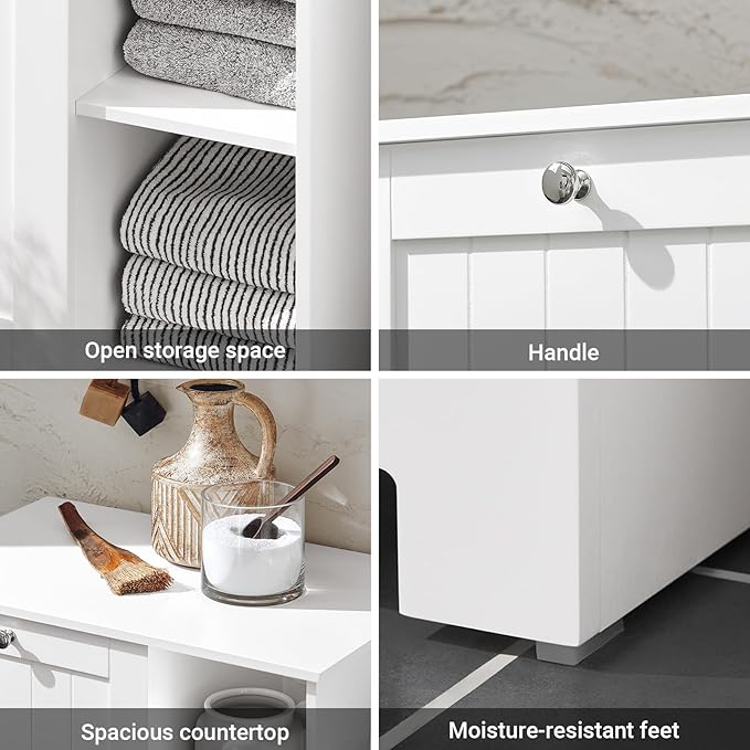 SoBuy Tilt Out Laundry Cabinet, Floor Standing Storage Cupboard with Basket Hamper Unit with Open Compartments, Bathroom White BZR105-W