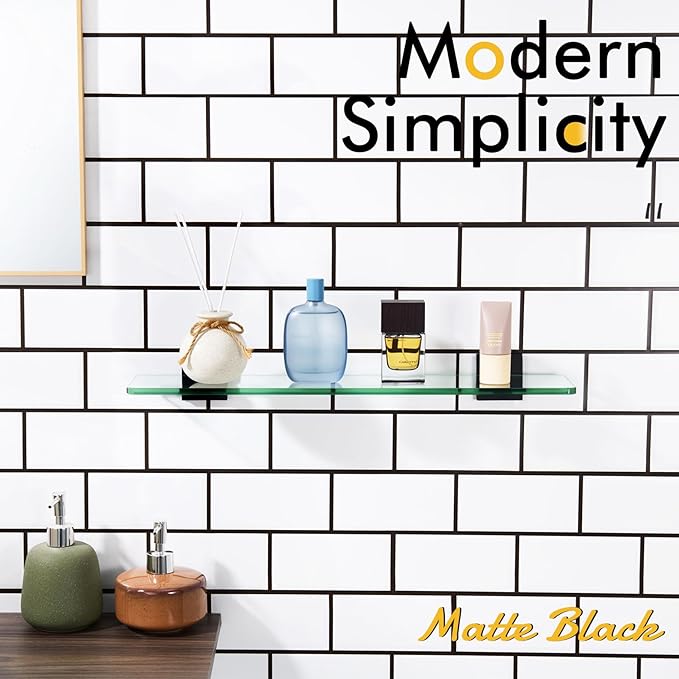 KOKOSIRI Bathroom Shelves Wall Mounted Tempered Glass Floating Shelf 20-Inch Kitchen Hanging Rack Shower Storage, Matte Black Stainless Steel B1107BK-L20
