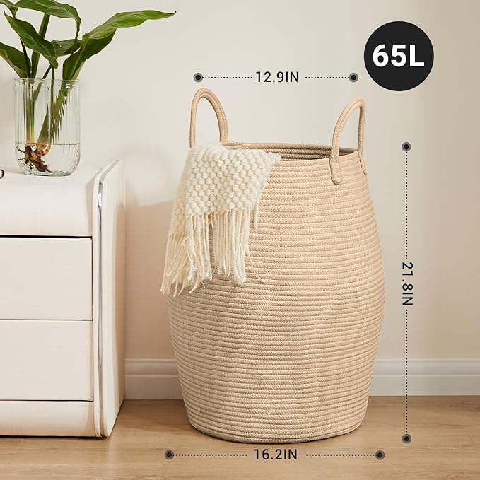 Large Laundry Hamper Basket by Fiona's magic, 65L Woven Tall Clothes Hamper for Storage Blanket, Toys and Dirty Cothes in Bedroom and Living Room Organizer, Brown