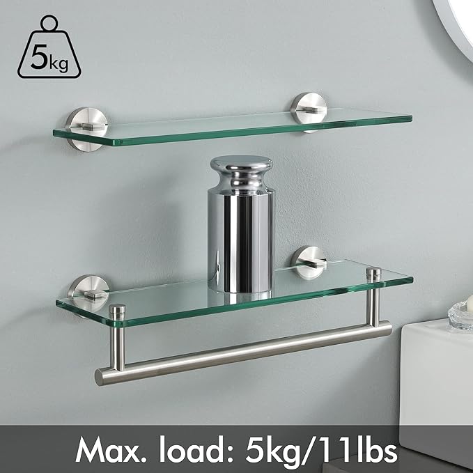 KES Glass Shelves for Bathroom, 16-Inch Glass Floating Bathroom Shelf with Bar 2 Pack Wall Mount SUS 304 Stainless Steel Brushed Finish, A2022S41-2-C1