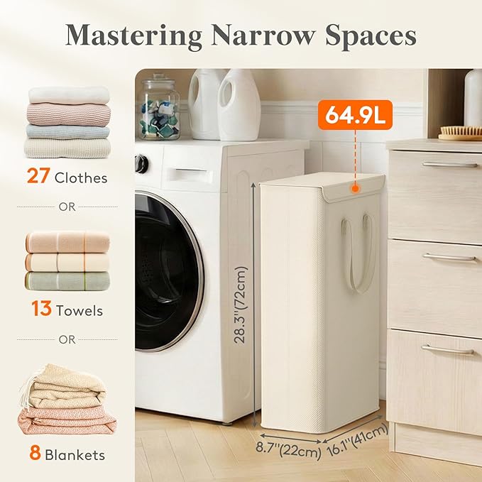 Lifewit 64.9L Slim Laundry Hamper, Narrow Laundry Basket with Lid, Collapsible Clothes Storage with Easy Carry Handles, Thin Hampers for Bathroom Laundry Room Dorm, White