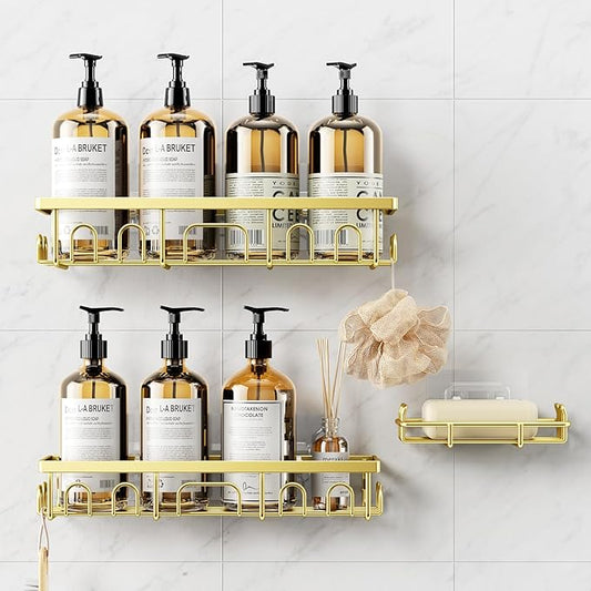 Shower Caddy, 3 Pack Shower Shelves for Inside Bathroom, Rustproof Adhesive Bathroom Organizer with Soap Holder, No Drilling Washroom Organizers and Storage for Bathtub Room/Kitchen/Home, Gold