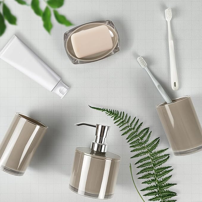 Thickened Bathroom Accessories Set, 4-Piece Bathroom Accessories Set with 2 Toothbrush Cups, Soap Dispenser, Soap Dispenser (Light Brown)