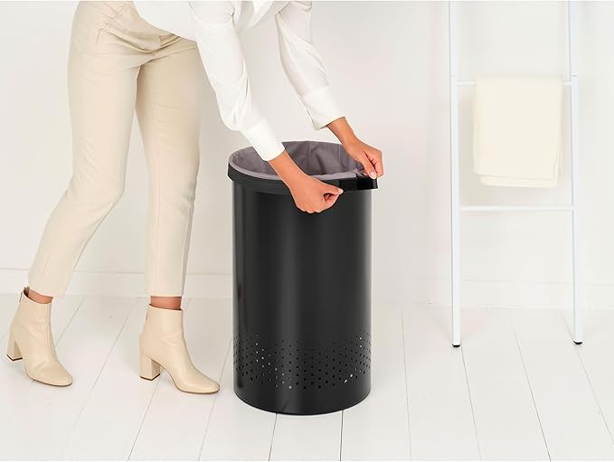 Brabantia Laundry Basket with Lid | 16 Gal Washing Hamper with Removable Cotton Bag & Quick-Drop Opening | Space-Saving Laundry Hamper | Matt Black
