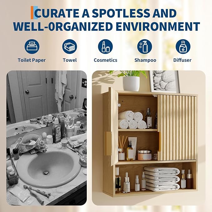 Bathroom Wall Cabinet - Medicine Cabinet with Wave-Patterned & Adjustable Shelf - 25x23x8 Inch Wall Cabinet for Bathroom, Kitchen, Laundry Room, Entryway