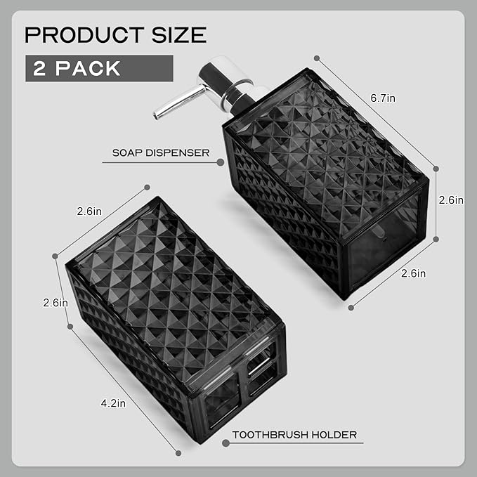 Bathroom Accessories Set 2 PCS, Black Bathroom Accessories Include Soap Dispenser and Toothbrush Holder, Diamond Pattern Bathroom Set for Boho Bathroom Decor