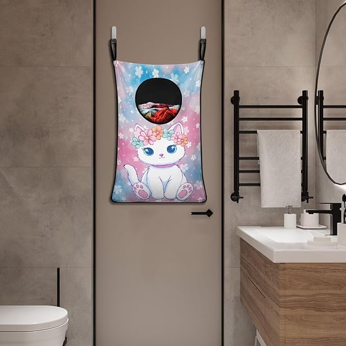 ZOUTAIRONG Cute White Cat Print Hanging Laundry Bag Over The Door Laundry Hamper Clothes Basket for Closet Toys Storage Organizers Home Bedroom Space Saving Hampers