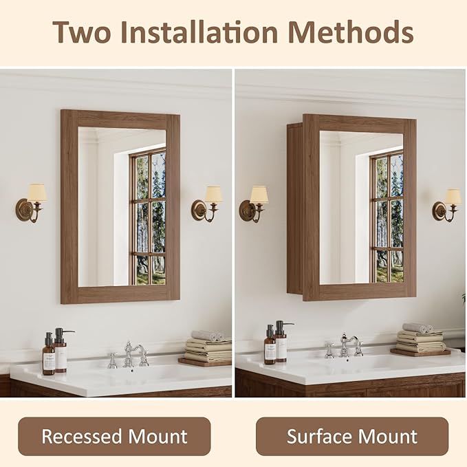 Buruis 16 x 24 Inch Walnut Grain Medicine Cabinet with Mirror, Recessed or Wall-Mounted Wood Storage Cabinet for Bathroom, Adjustable Shelves, Soft-Close Hinges, Rectangle