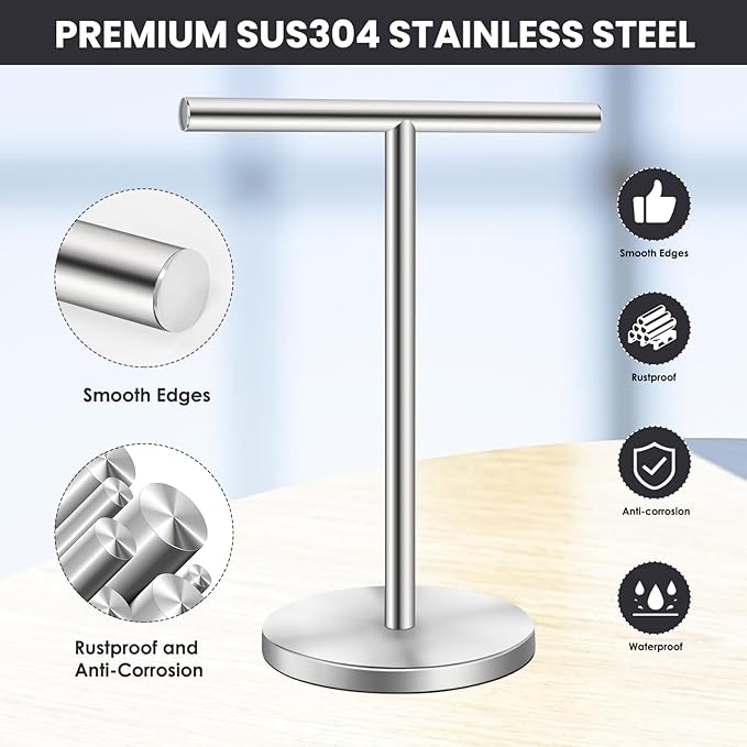 T-Shape Bath Hand Towel Holder Stand, Stainless Steel Free Standing Hand Towel Rack, for Bathroom Kitchen & Countertop, Silver, 2 Pack
