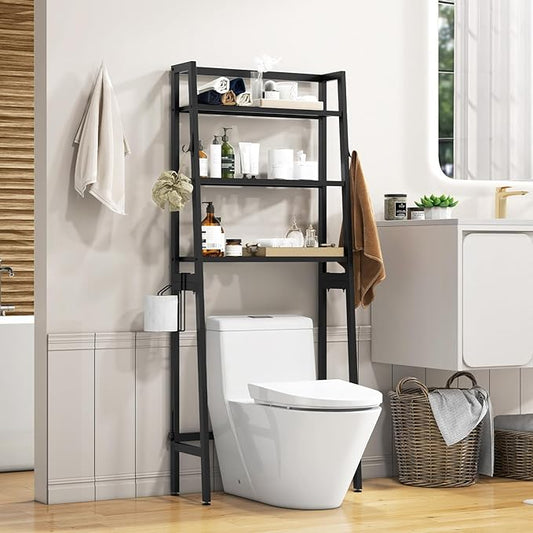 Nightcore Over-The-Toilet Storage, 3-Tier Freestanding Bathroom Organizer Shelf w/ 2 Hanging Hooks & Toilet Paper Holder, Multifunctional Metal Toilet Storage Rack for Bathroom Laundry (Black)