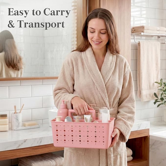 Lifewit Shower Caddy Portable, Cleaning Supplies Caddy Organizer with Handle and Adjustable Dividers, Plastic Shower Basket for Dorm Room Essentials, College, Bathroom, Pink, 1 Pack