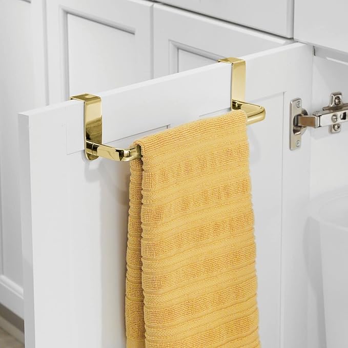 mDesign Steel Metal Wire Over Cabinet Towel Rack Storage Organizer - Hang on Cabinet or Door - Towel Bar Holder for Kitchen - Holds Hand Towels, Washcloths - Spira Collection - Soft Brass