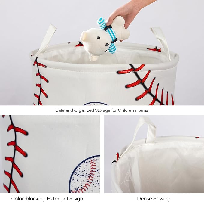 2Pcs Basketball Cute Kids Laundry Basket Baby Nursery Hamper Boys Room Decor Foldable Oxford Cloth Funny Tote Clothes Storage Bucket Organizer For Bedroom (Baseball)