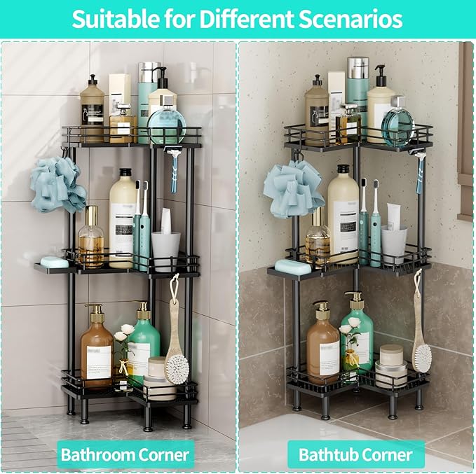 HapiRm Corner Shower Caddy Standing - 3 Tier Shower Organizer Corner with Soap Holder, Rustproof Bathroom Standing Organizer with 4 Hooks, Black