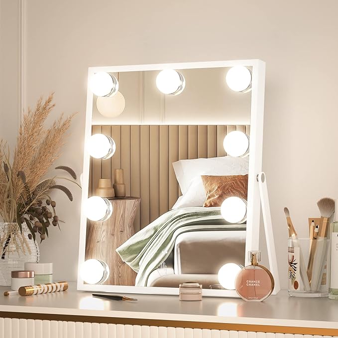CASSILANDO Hollywood Vanity Mirror with Lights, Vanity Makeup Mirror with 9 LED Bulbs, 3 Color Lighting Modes, U-Shaped Bracket, Smart Touch Control