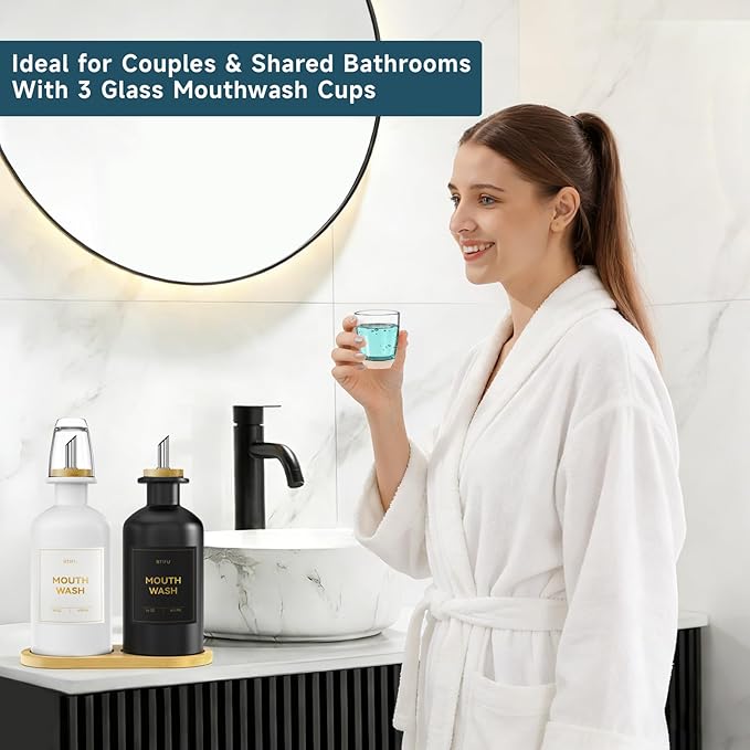 2PCS Glass Mouthwash Dispenser for Bathroom Countertop – 14oz/410ml Refillable Mouthwash Bottle with Glass Cup & Bamboo Tray, Modern Bathroom Decor for Home, Office, Airbnb (White & Black)