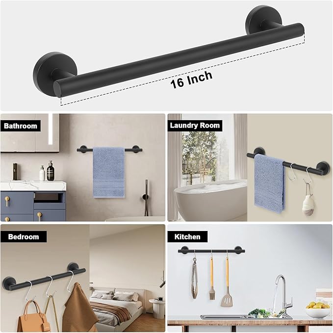 Livabber Bath Towel Bar, 304 Stainless Steel Towel Rack, Heavy Duty Towel Holder Wall Mounted for Bathroom/Kitchen, Usable Hanging Length-13.4 Inch, Total Length-16 Inch (Black)