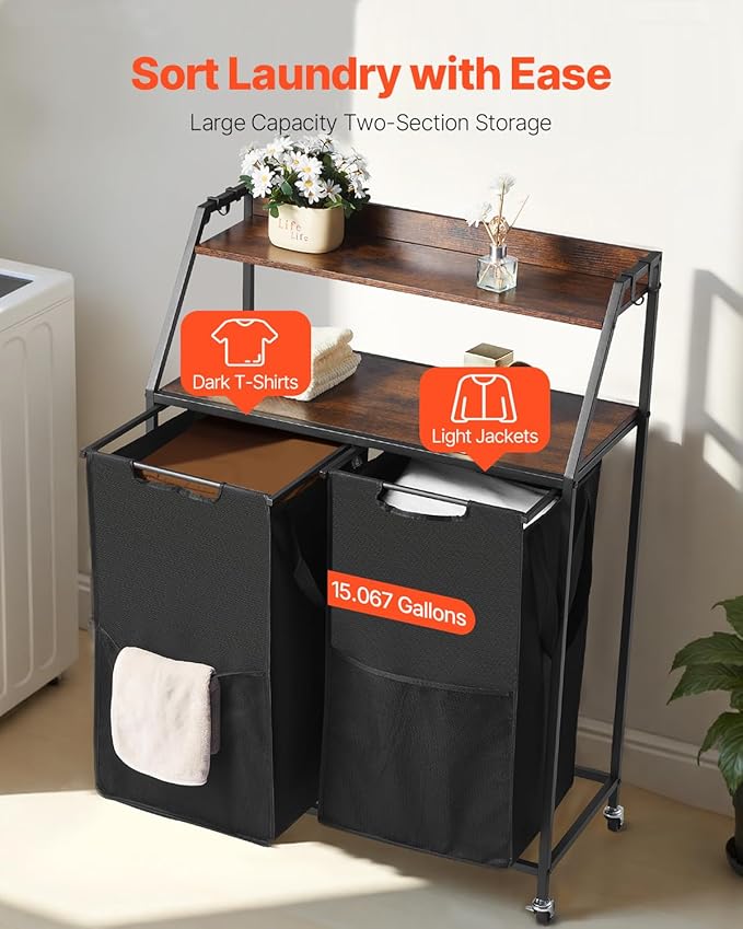 VEVOR 2 Tiers Laundry Sorter, Tall Laundry Hamper with Metal Frame and Wooden Tabletop, 2 Section Rolling Basket Organizer Storage with Ladder Shelves and 600D Oxford Cloth Bags for Dirty Clothes