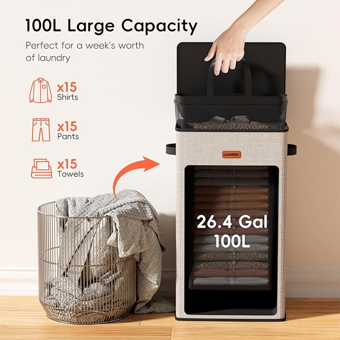 100L Laundry Hamper with Lid, Large Clothes Hampers with Removable Bag, Collapsible Laundry Basket for Bathroom, Bedroom, Laundry Room, Dorm, Beige