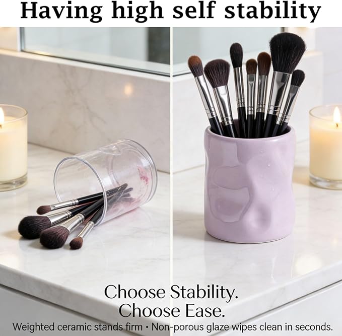 Premium Ceramic Makeup Brush Holder - Weighted & No-Tip Organizer with Easy-Clean Glaze, Vanity Storage for Brushes, Elegant Bathroom & Dresser Tabletop Decor An ideal gift for women (black)