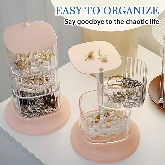 Hair Accessory Organizer, 4-Layer Rotating Clear Hair Tie Organizer for Hair Clips, Headbands, Hair Ties, Earring, Necklace, Ring, Jewelry Boxes & Organizers for Girls & Women (4-Layer，Pink)