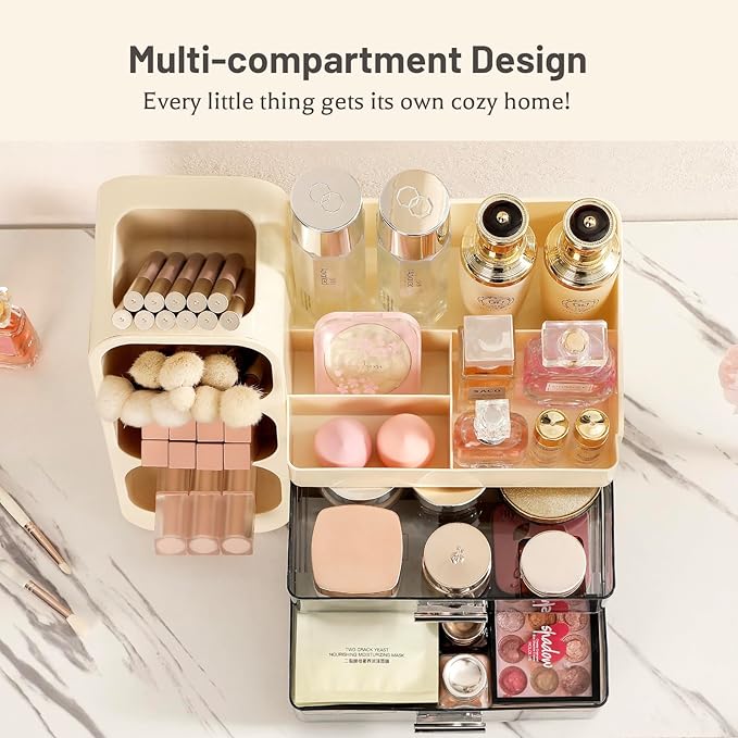 Aveniee Makeup Organizer with Drawers, Large Bathroom Countertop Storage for Vanity, Cosmetic & Skincare Display Case for Brushes, Perfumes, Lipsticks (Cream White)