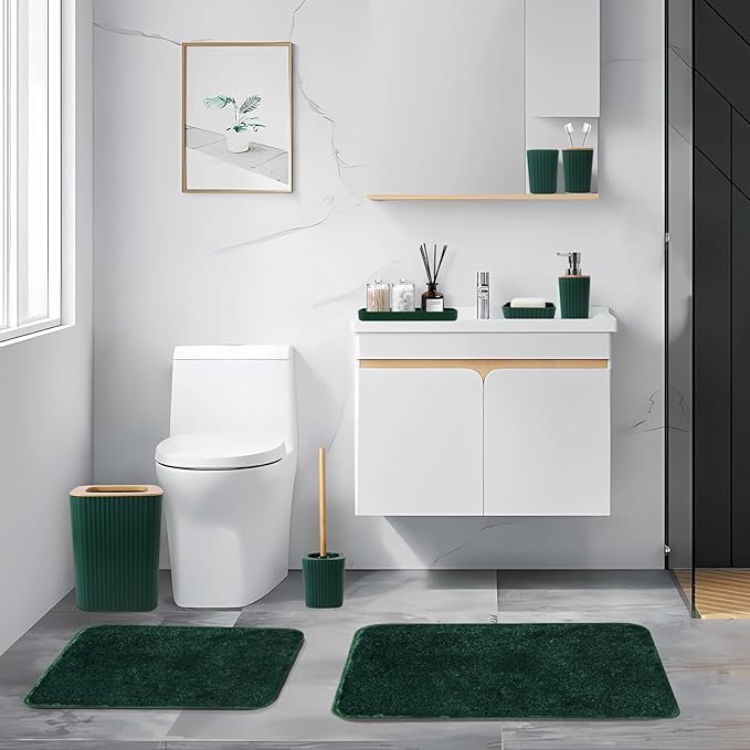 XLHOMO Dark Green Bathroom Accessories Set with Ombre Shower Curtain and Bathroom Rugs,Bathroom Sets with Trash Can,Toothbrush Holder and Cup,Soap Dispenser,Tray,Soap Dish,Toilet Brush,Qtip Holders