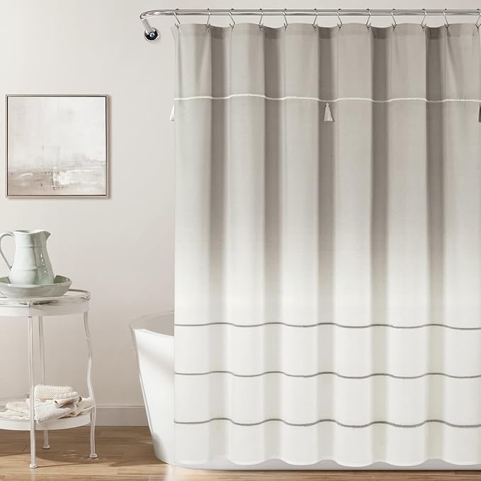 Lush Decor Ombre Embroidery Tassel Cotton Shower Curtain, 72" x 72", Gray
