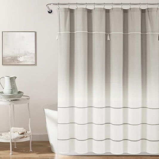 Lush Decor Ombre Embroidery Tassel Cotton Shower Curtain, 72" x 72", Gray