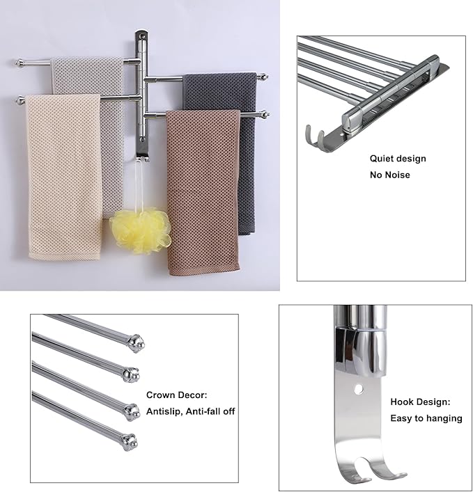 Swivel Towel Rack Hanger Towel Bar Bathrrom Wall Mounted Space Saving Storage Organizer Hanging Holder 12 Inch (Stainless Steel, Bright Silver 3-Arm)