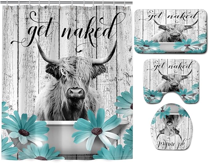 4 Pcs Farmhouse Cow Shower Curtain Sets with Rugs Wooden Bathroom Set Rustic Teal Flowers Home Bath Bathtub Decor for Bathroom 72 x 72 Inch